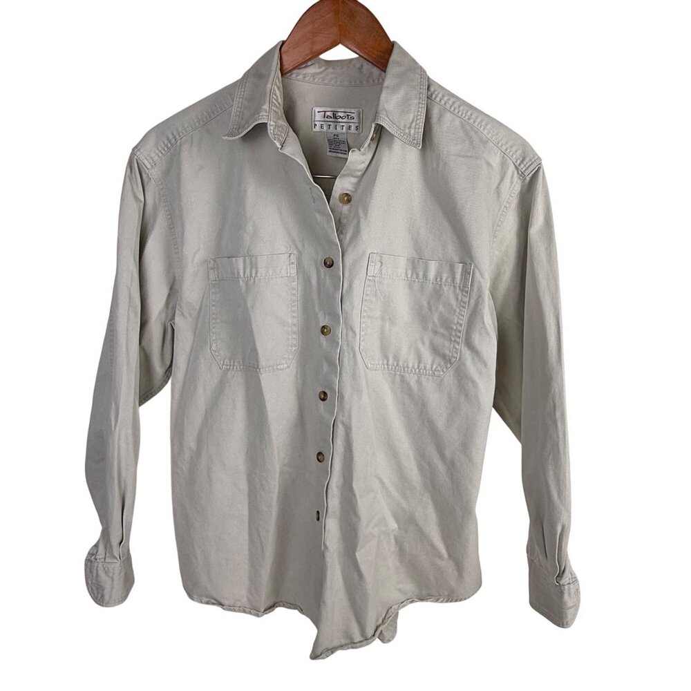 Talbots Petites Beige Denim Button-Front Shirt Long-Sleeve Size PS